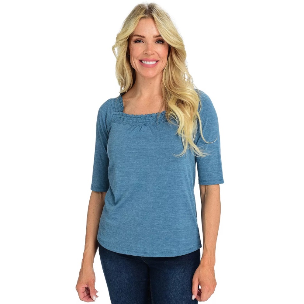 Women’s Christopher & Banks Blue Smocked Detail Square Neck Top‎